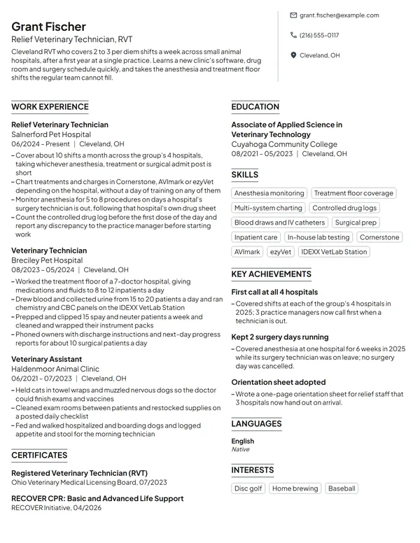 Relief Veterinary Technician resume example