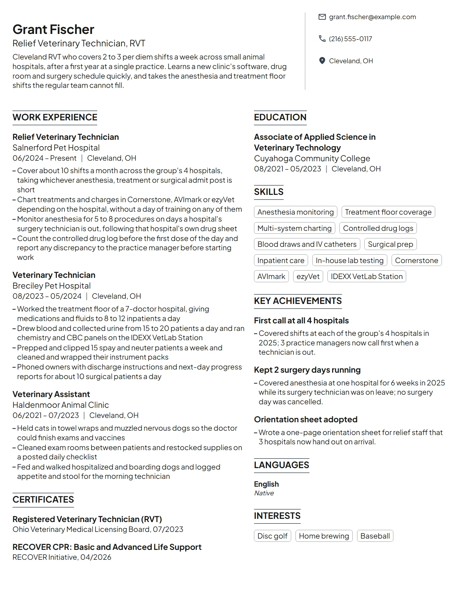 Relief Veterinary Technician resume example