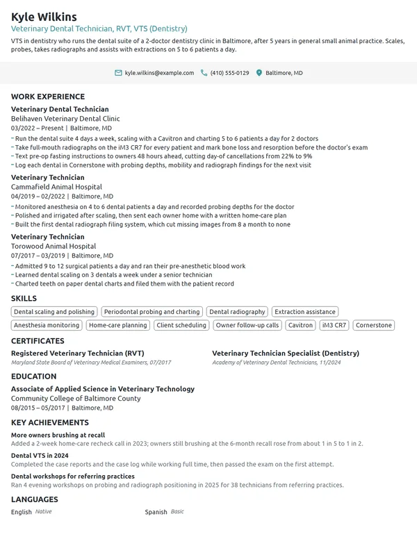 Veterinary Dental Technician resume example
