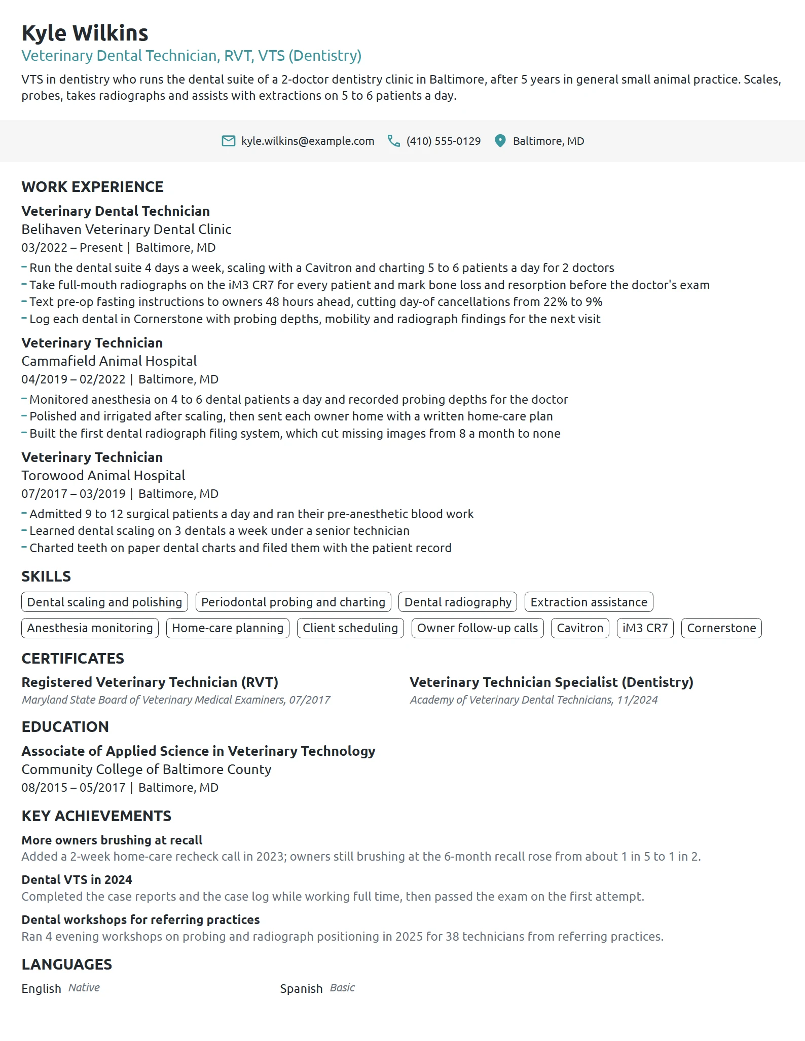 Veterinary Dental Technician resume example