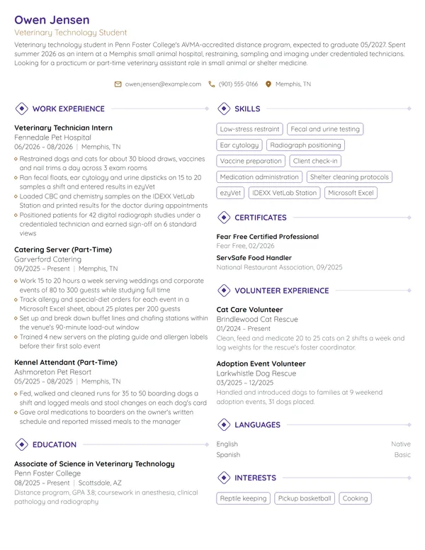 Veterinary Technician Intern resume example