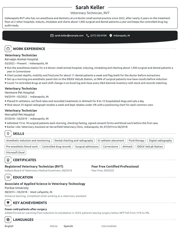 Veterinary Technician resume example