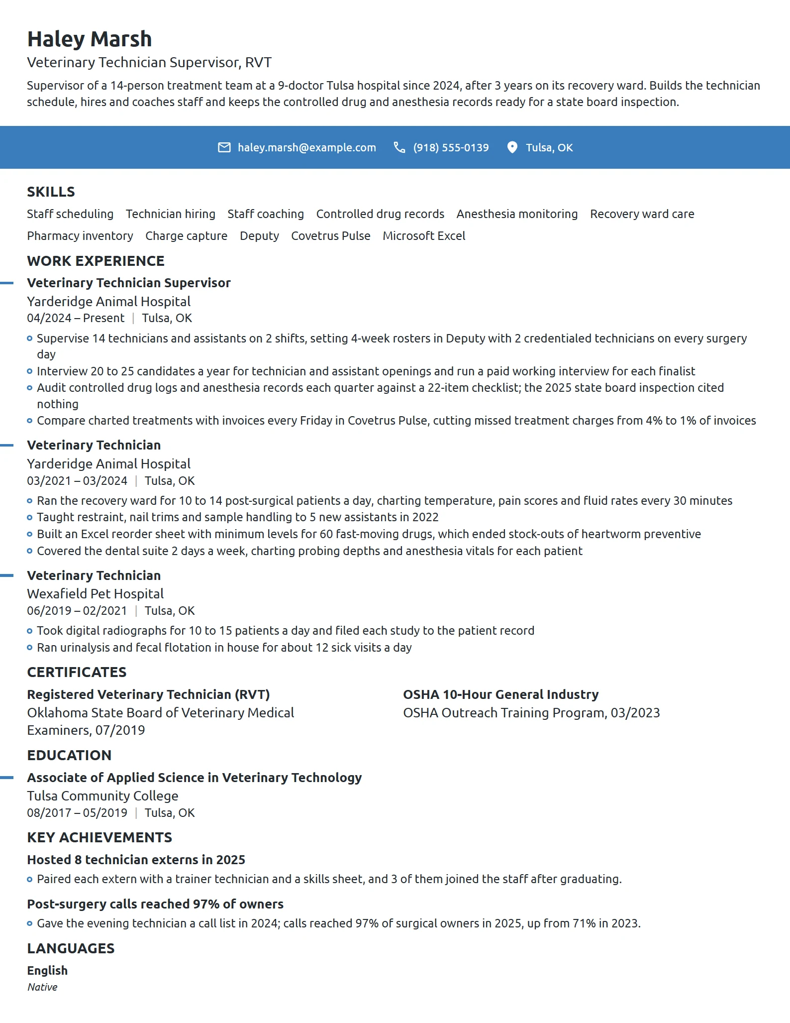 Veterinary Technician Supervisor resume example