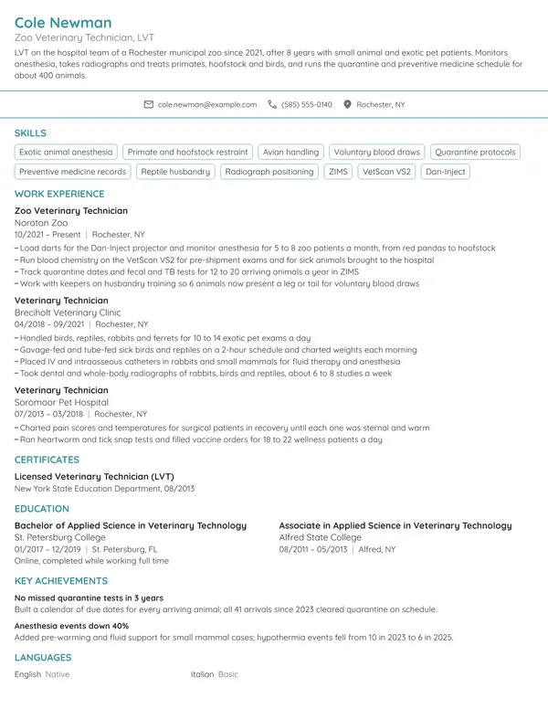 Zoo Veterinary Technician resume example