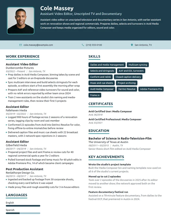 Assistant Video Editor resume example