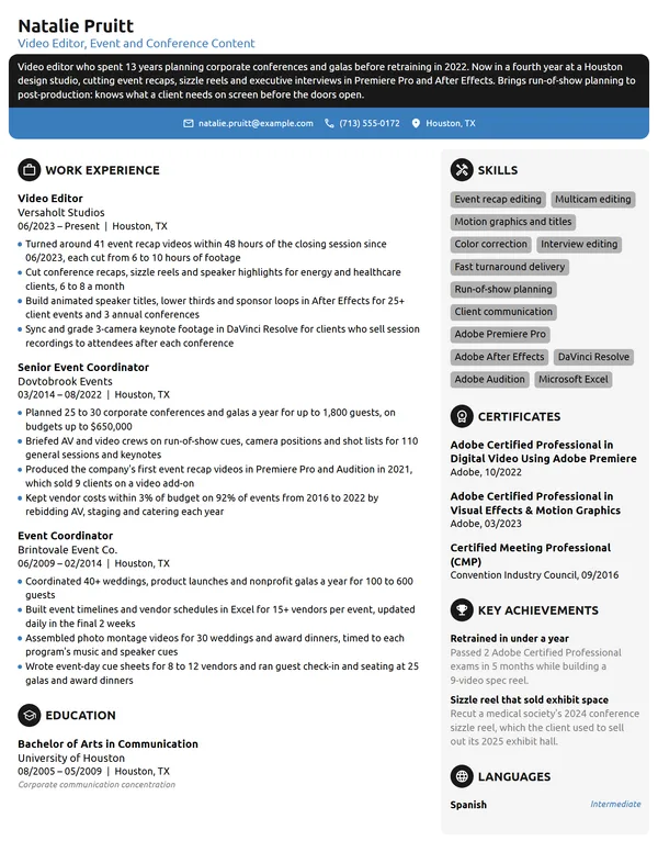 Career Change Video Editor resume example