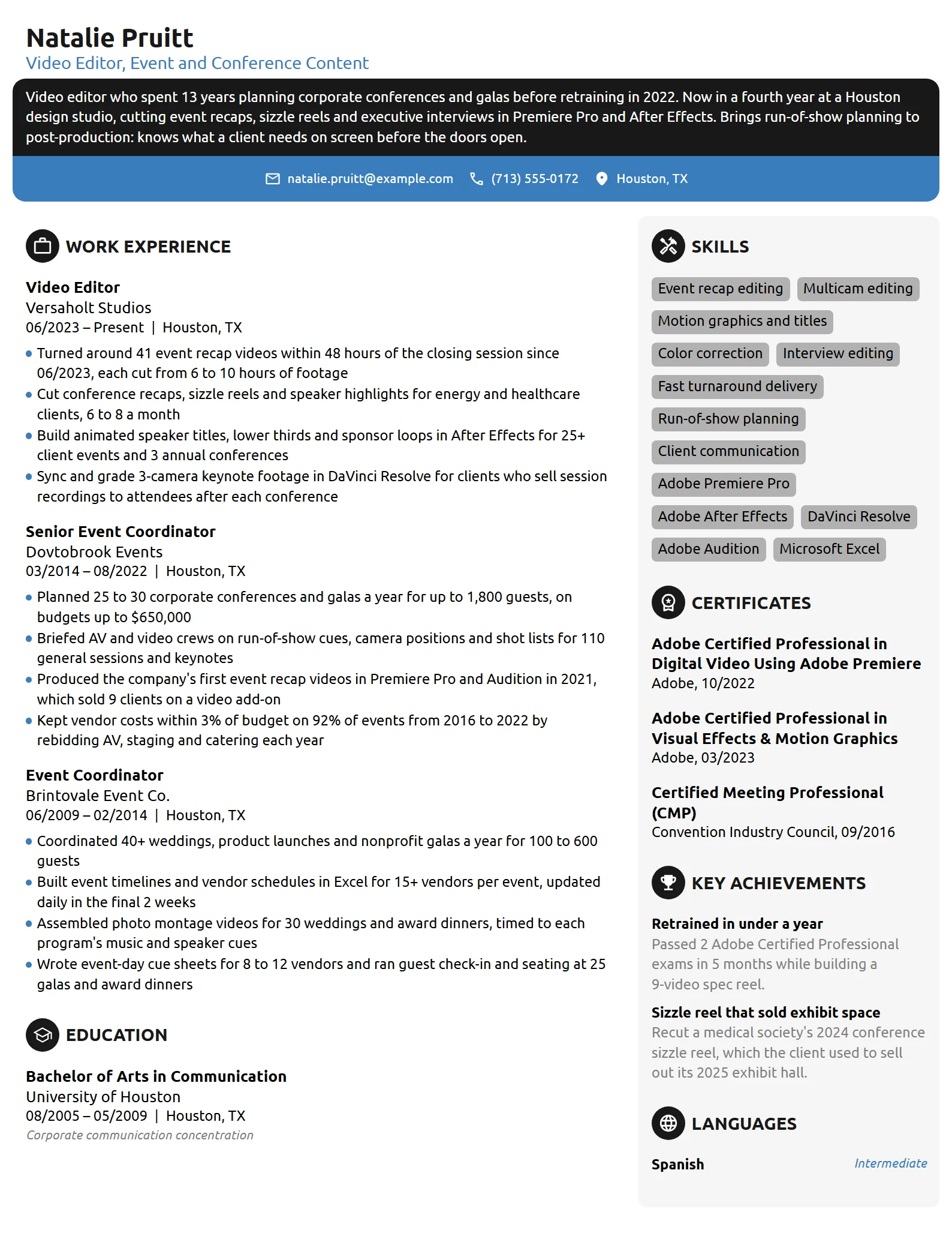 Career Change Video Editor resume example