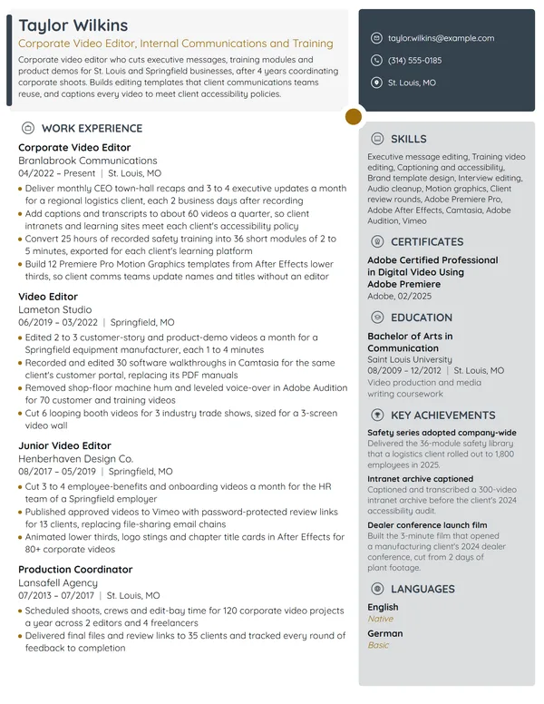 Corporate Video Editor resume example