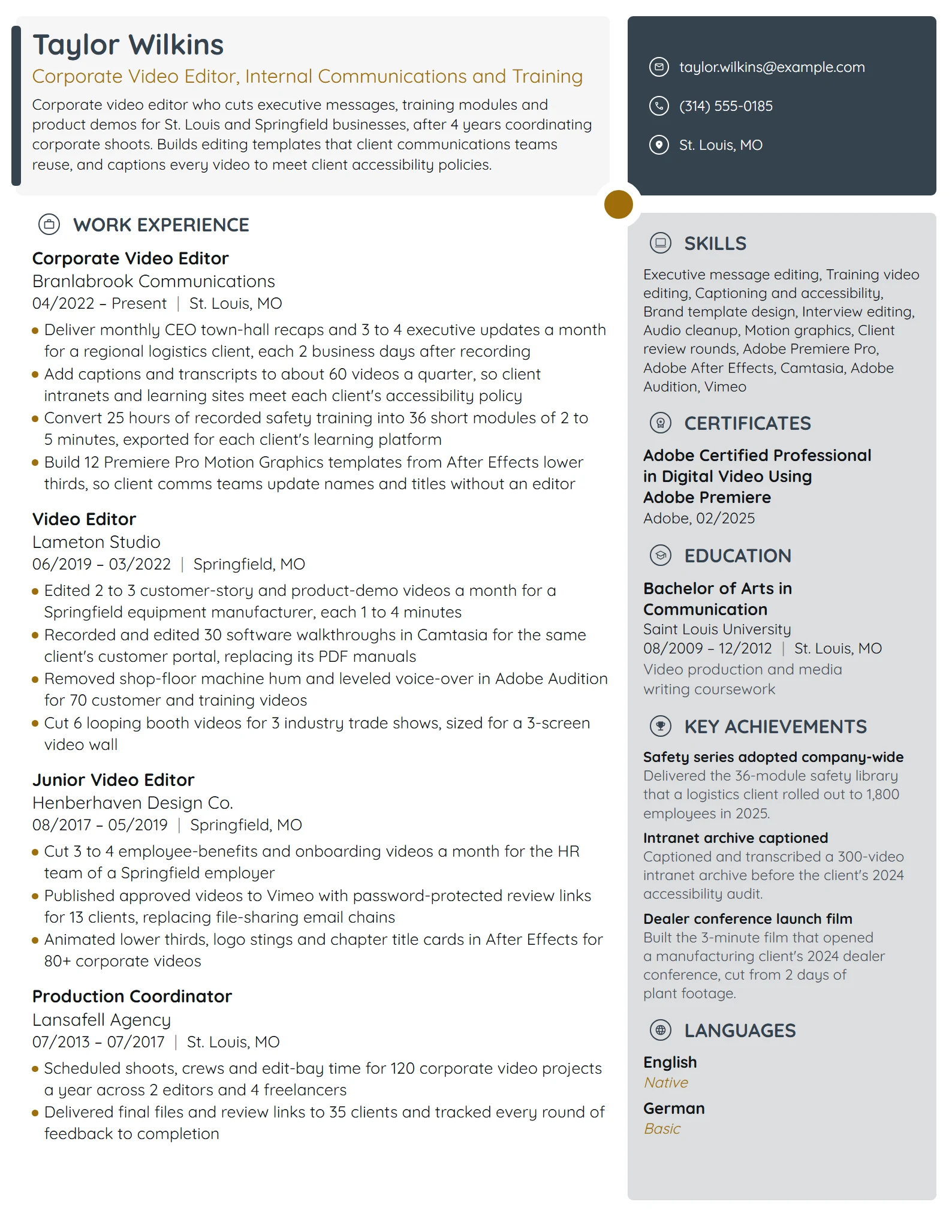 Corporate Video Editor resume example