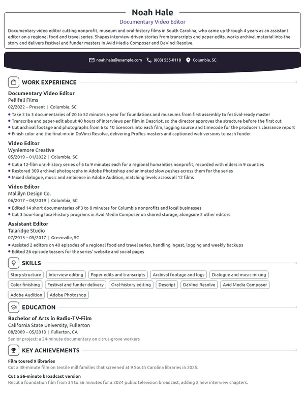 Documentary Video Editor resume example