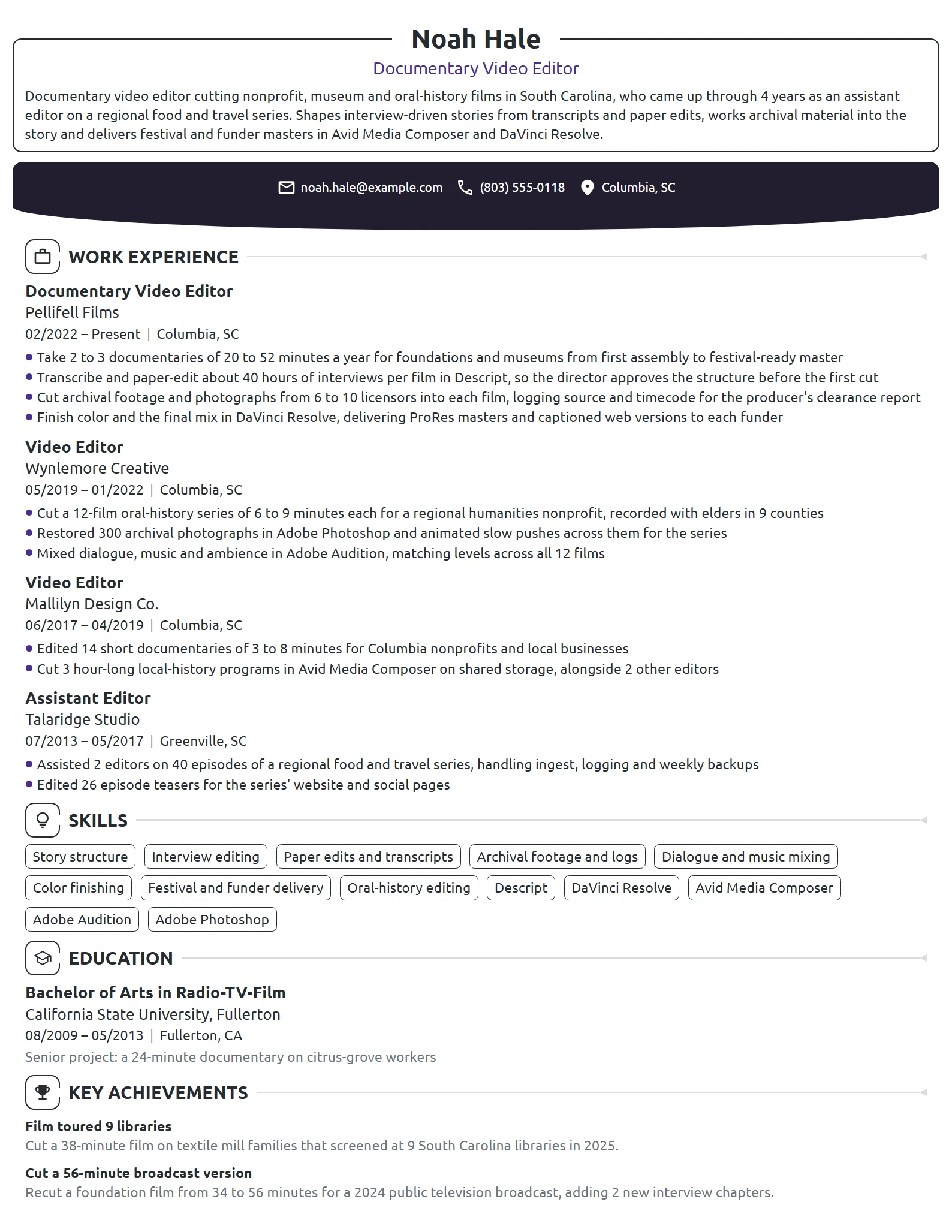Documentary Video Editor resume example