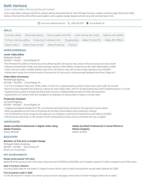 Junior Video Editor resume example