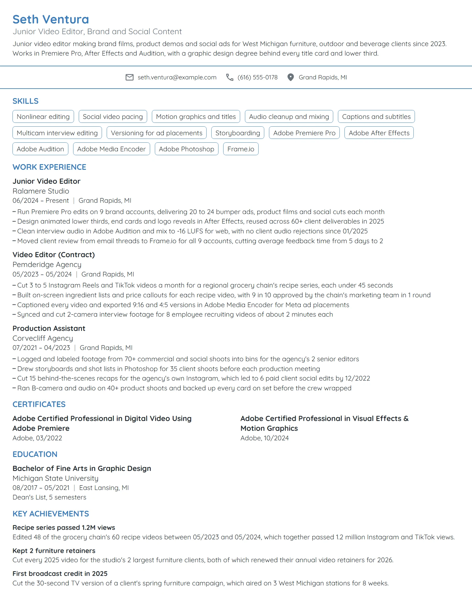 Junior Video Editor resume example