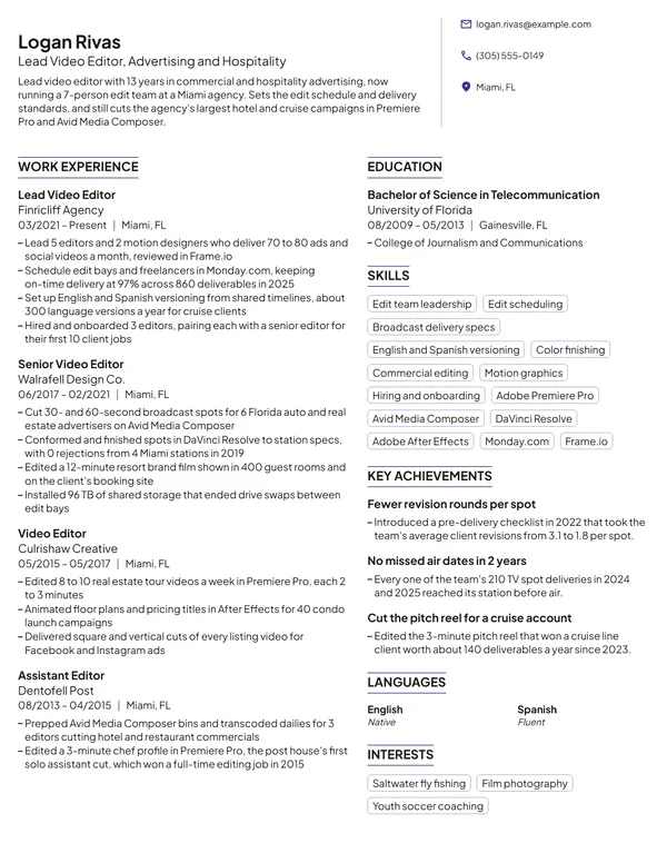 Lead Video Editor resume example