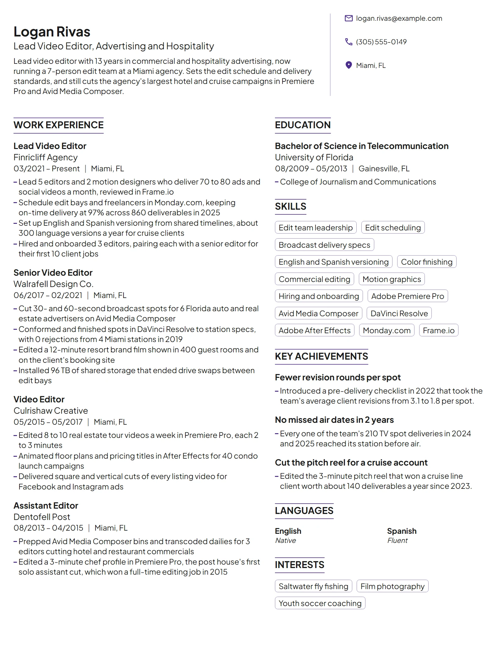 Lead Video Editor resume example