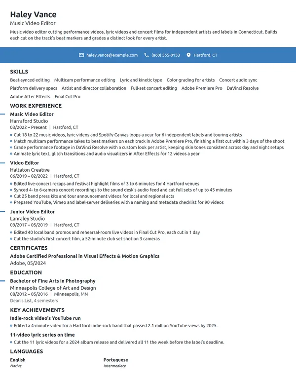 Music Video Editor resume example