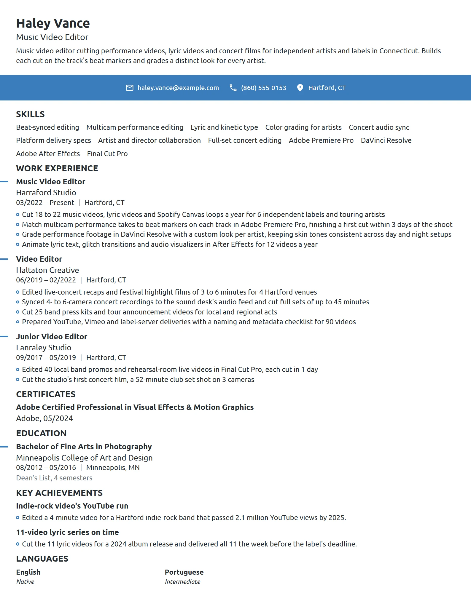 Music Video Editor resume example