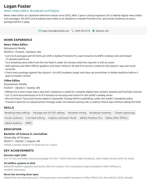 News Video Editor resume example