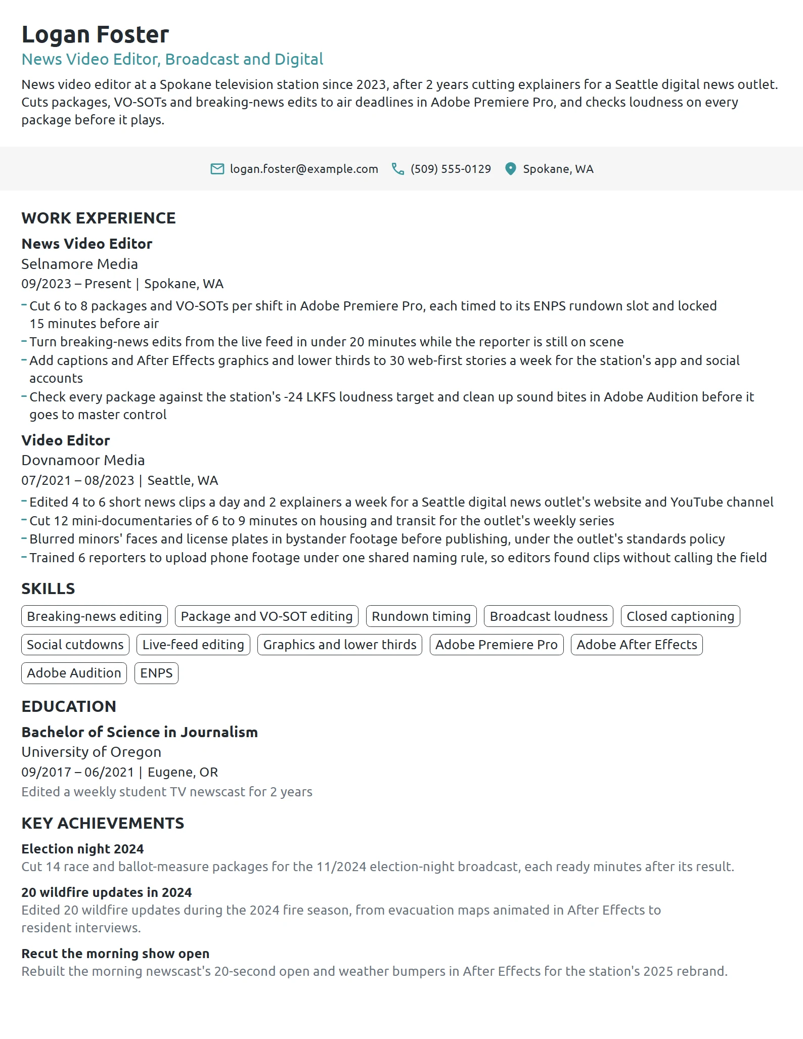 News Video Editor resume example