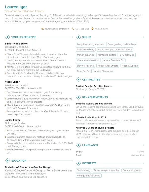 Senior Video Editor resume example