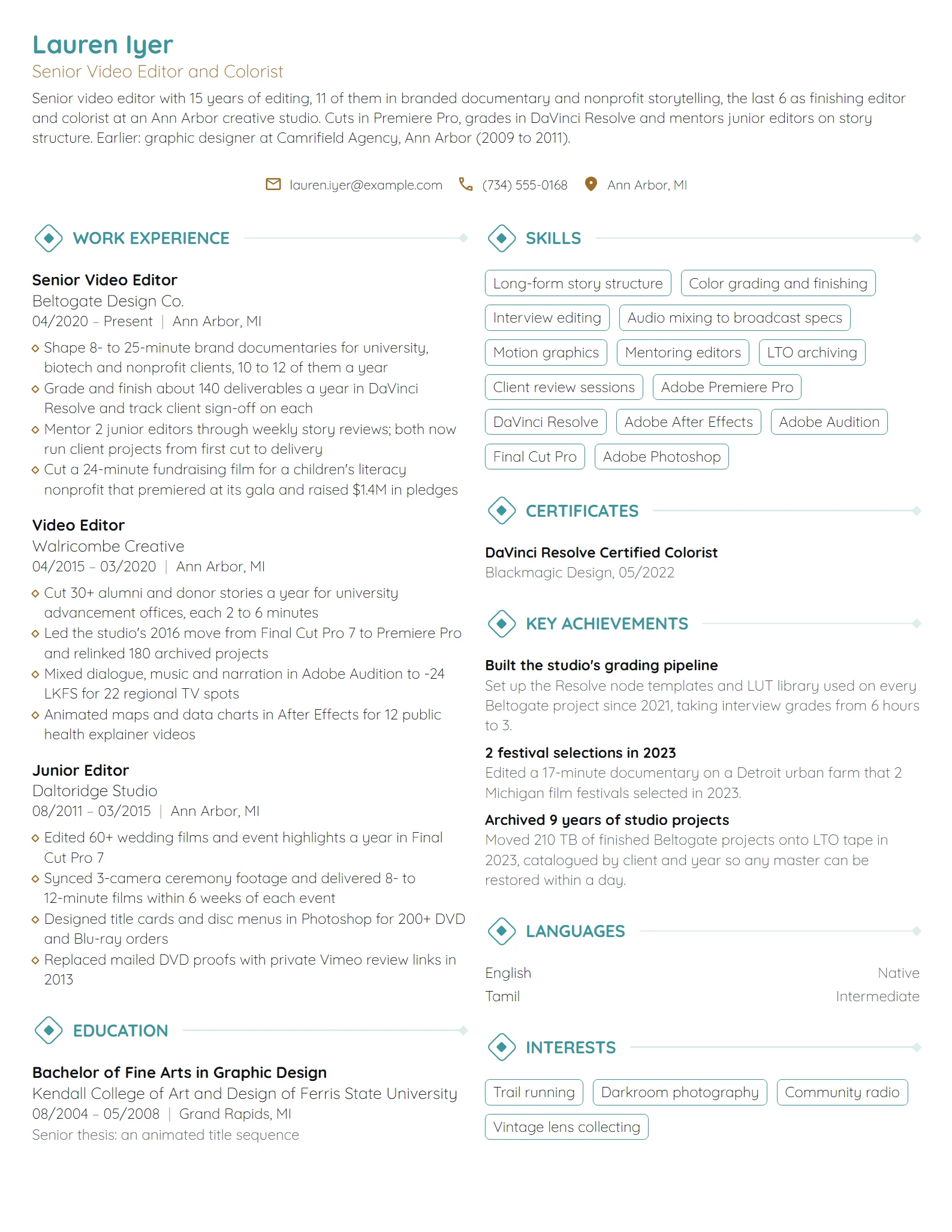 Senior Video Editor resume example