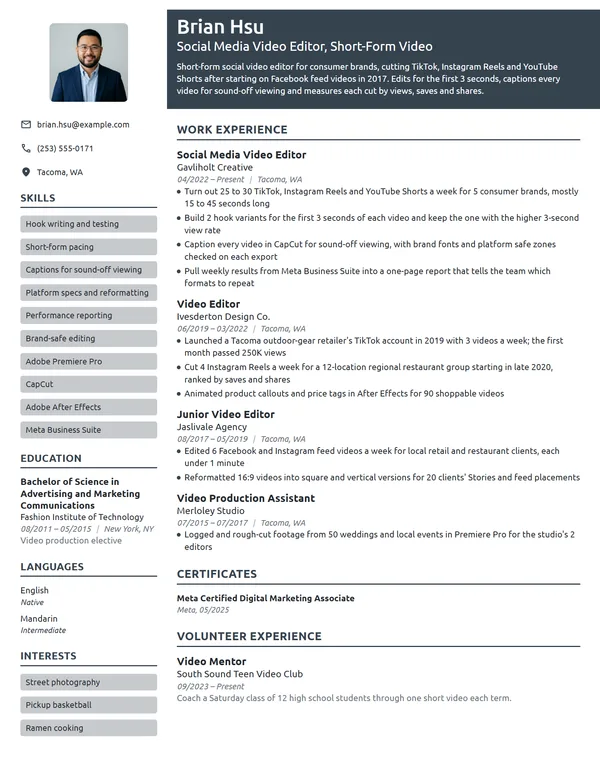 Social Media Video Editor resume example