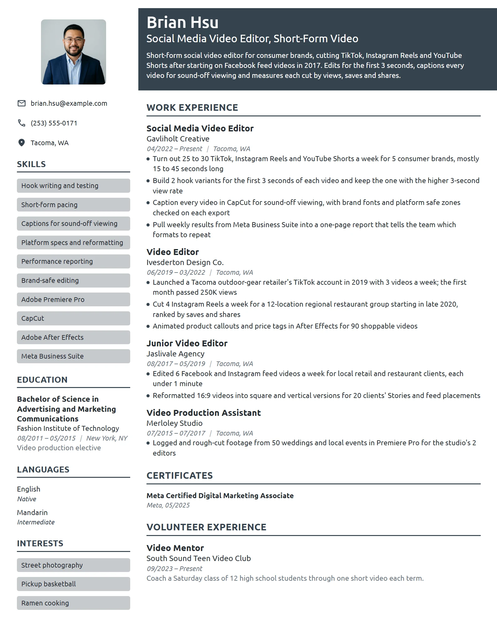 Social Media Video Editor resume example