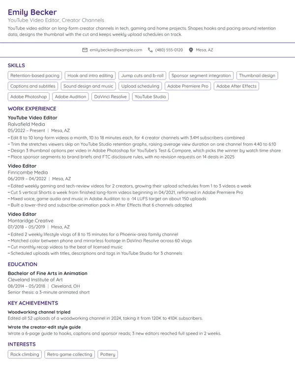 YouTube Video Editor resume example