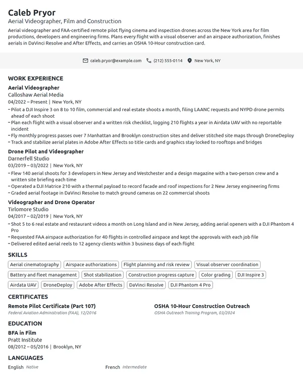 Aerial Videographer resume example