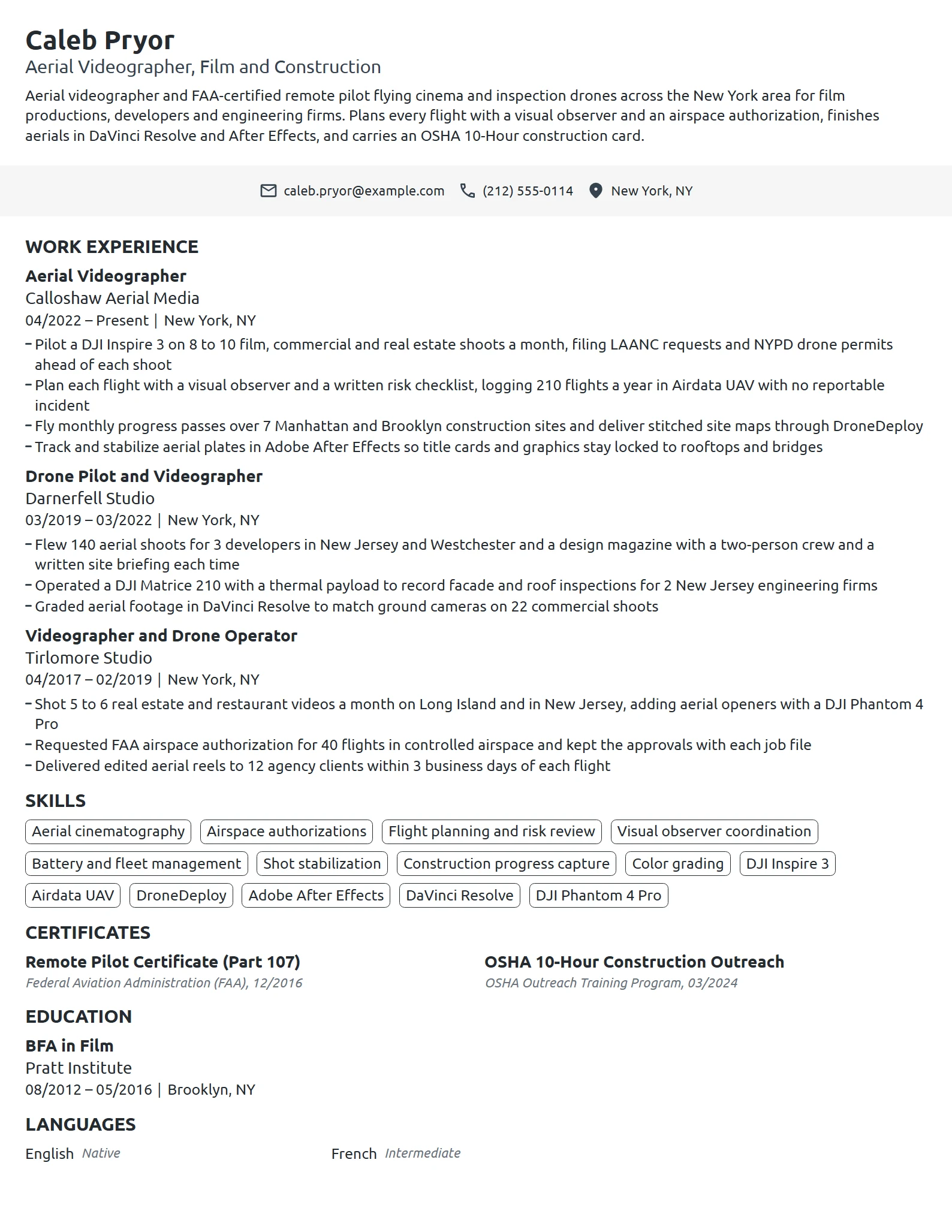 Aerial Videographer resume example