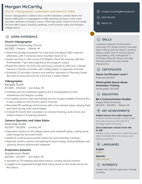 Church Videographer resume example