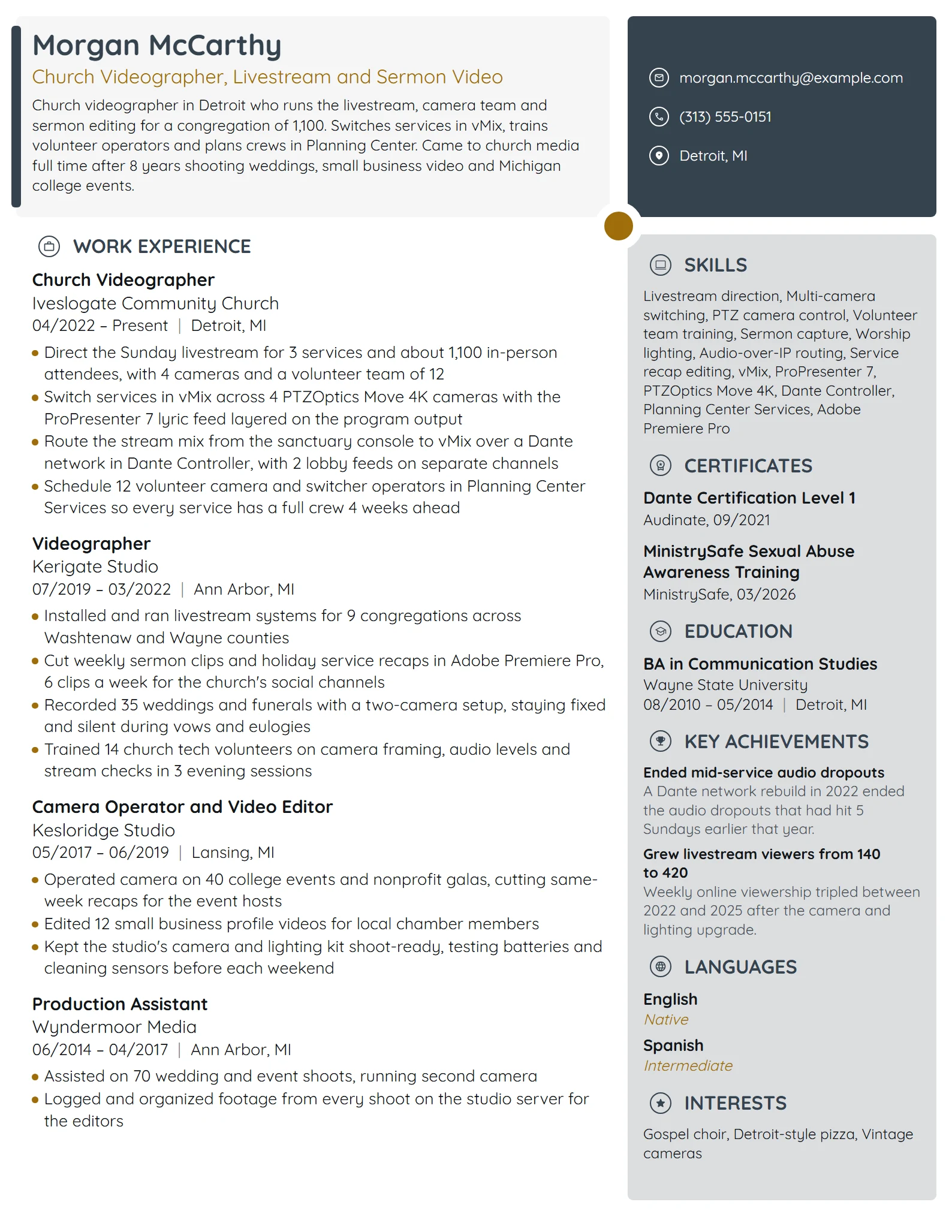 Church Videographer resume example