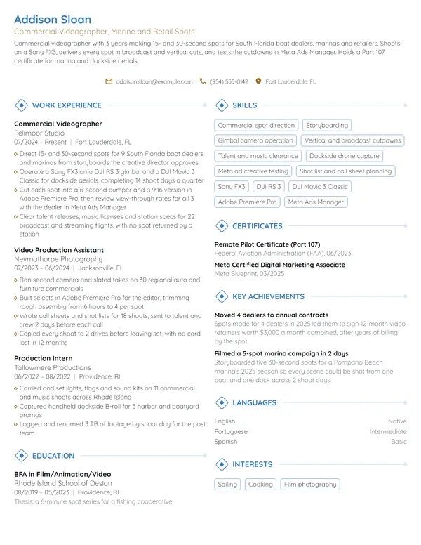 Commercial Videographer resume example