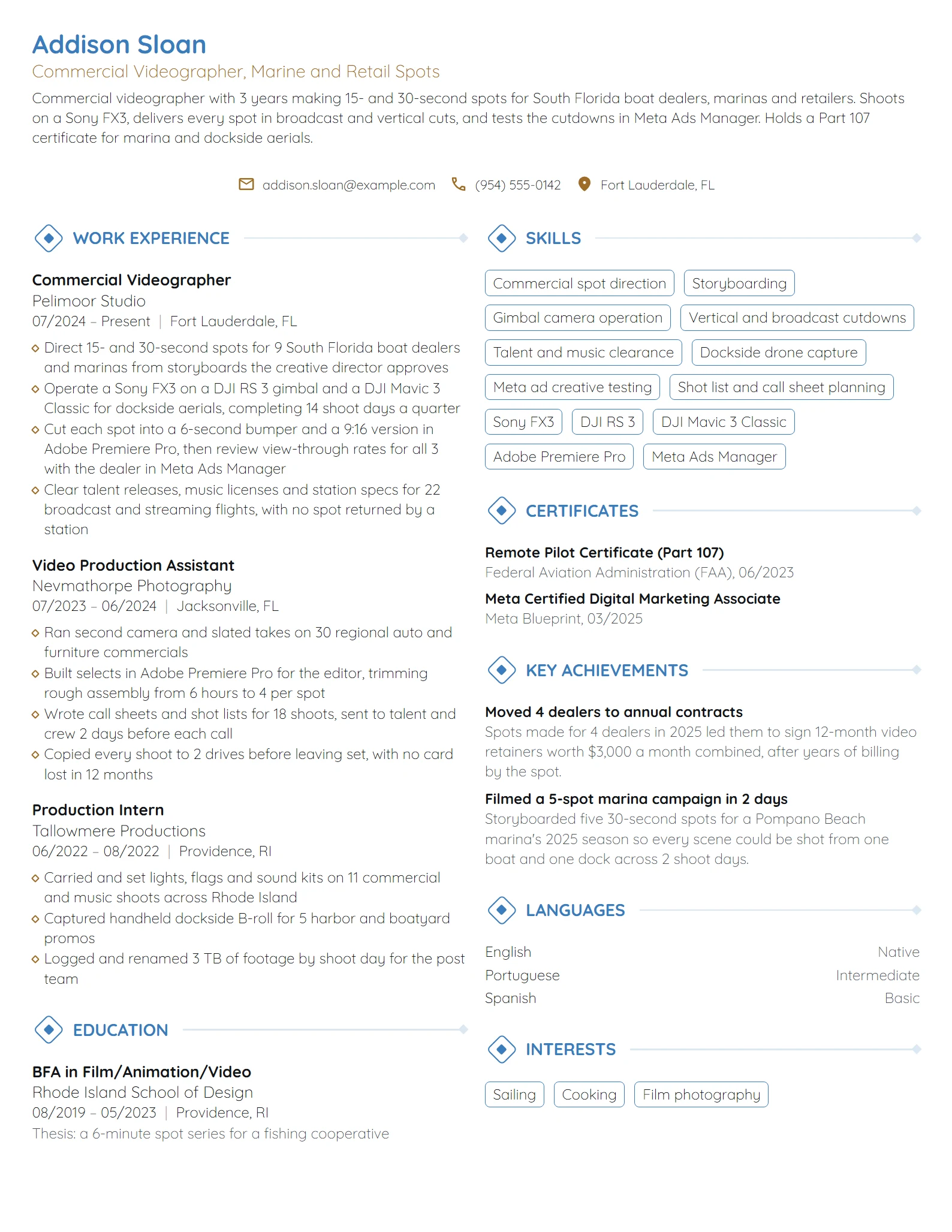 Commercial Videographer resume example