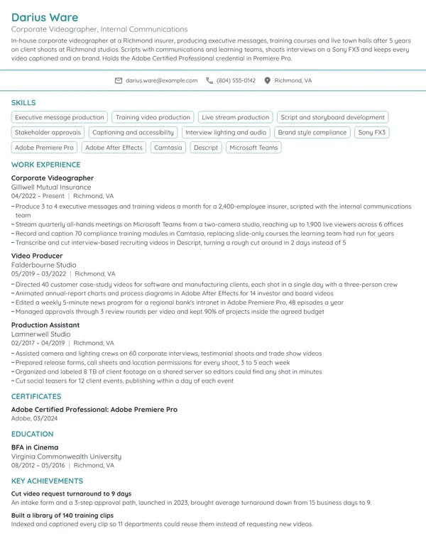 Corporate Videographer resume example