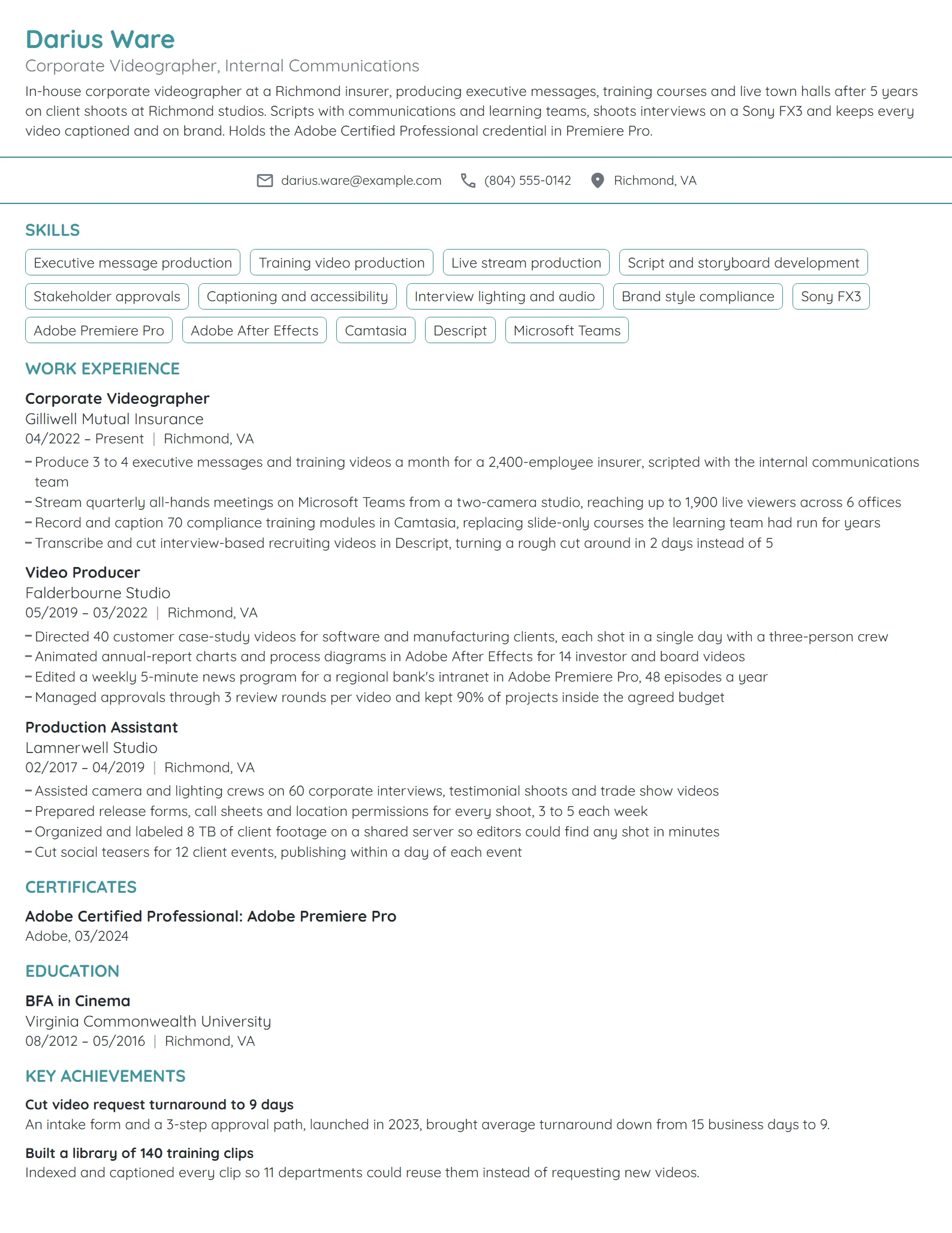 Corporate Videographer resume example