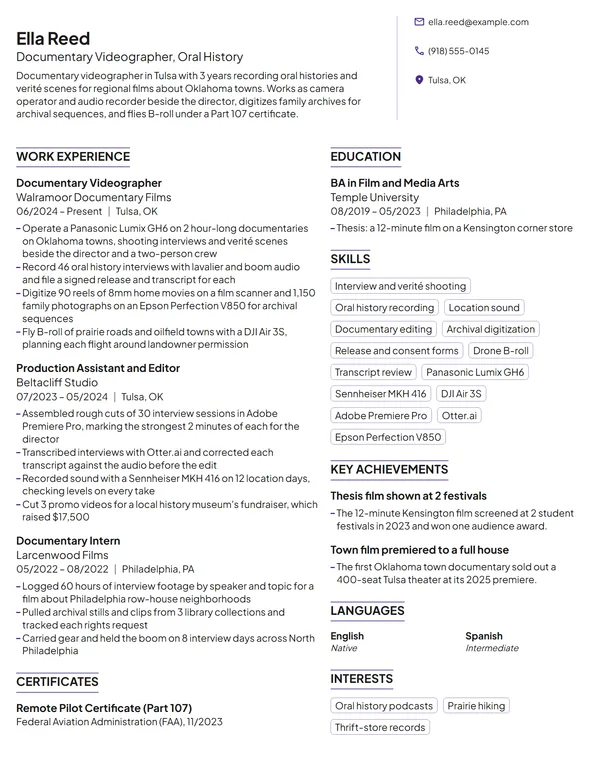 Documentary Videographer resume example