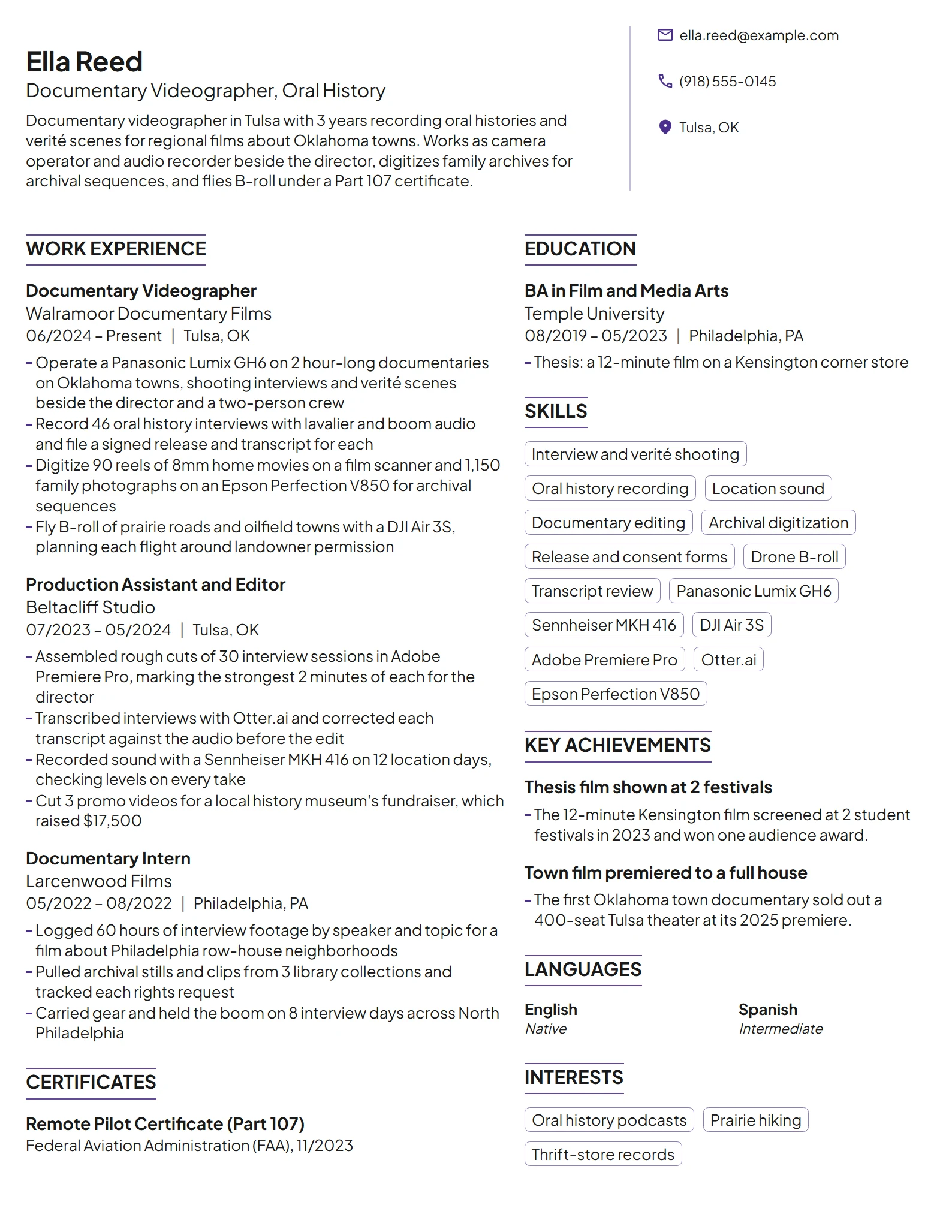 Documentary Videographer resume example