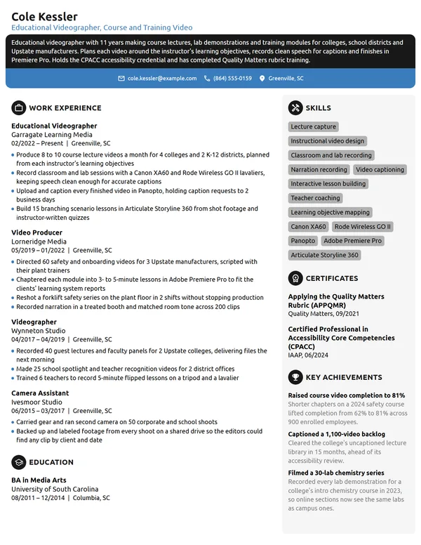 Educational Videographer resume example