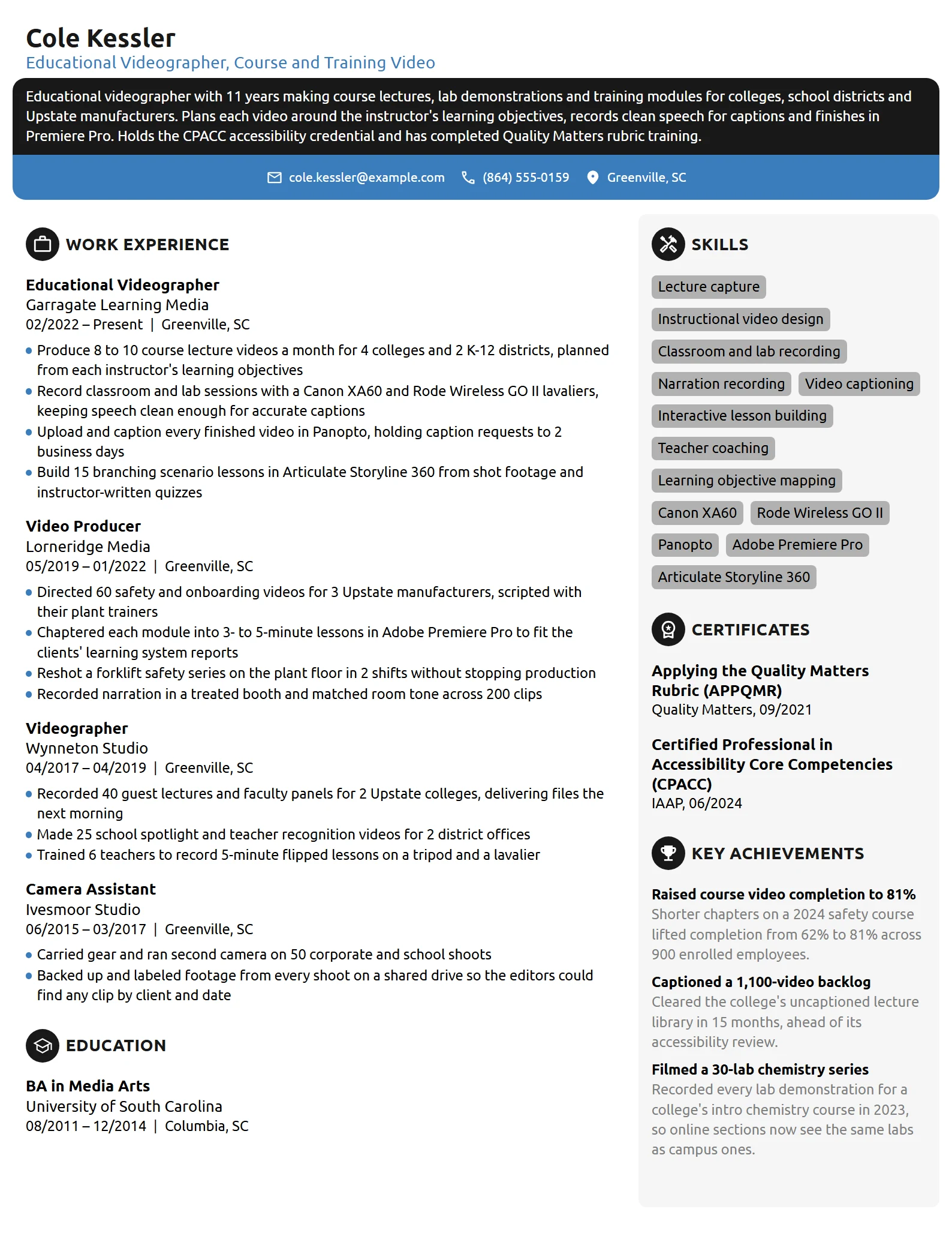 Educational Videographer resume example