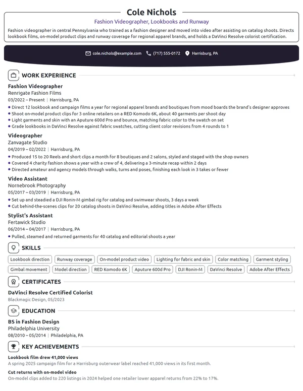 Fashion Videographer resume example