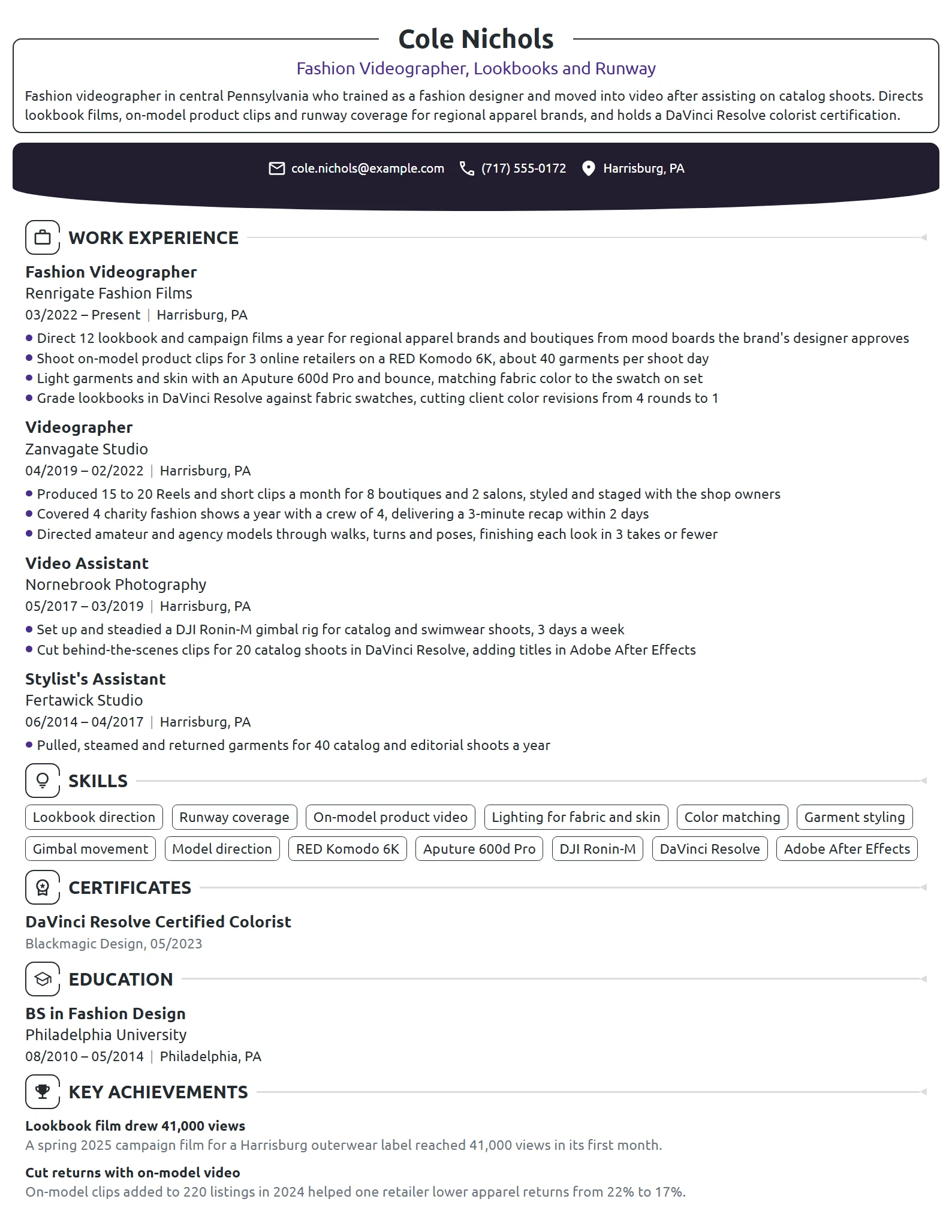 Fashion Videographer resume example
