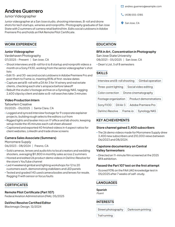 Junior Videographer resume example