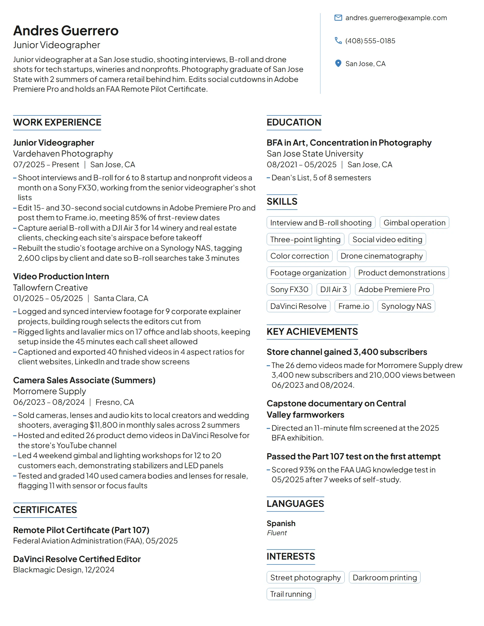 Junior Videographer resume example