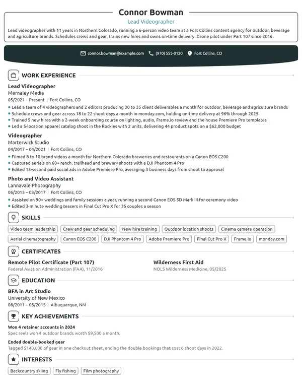 Lead Videographer resume example