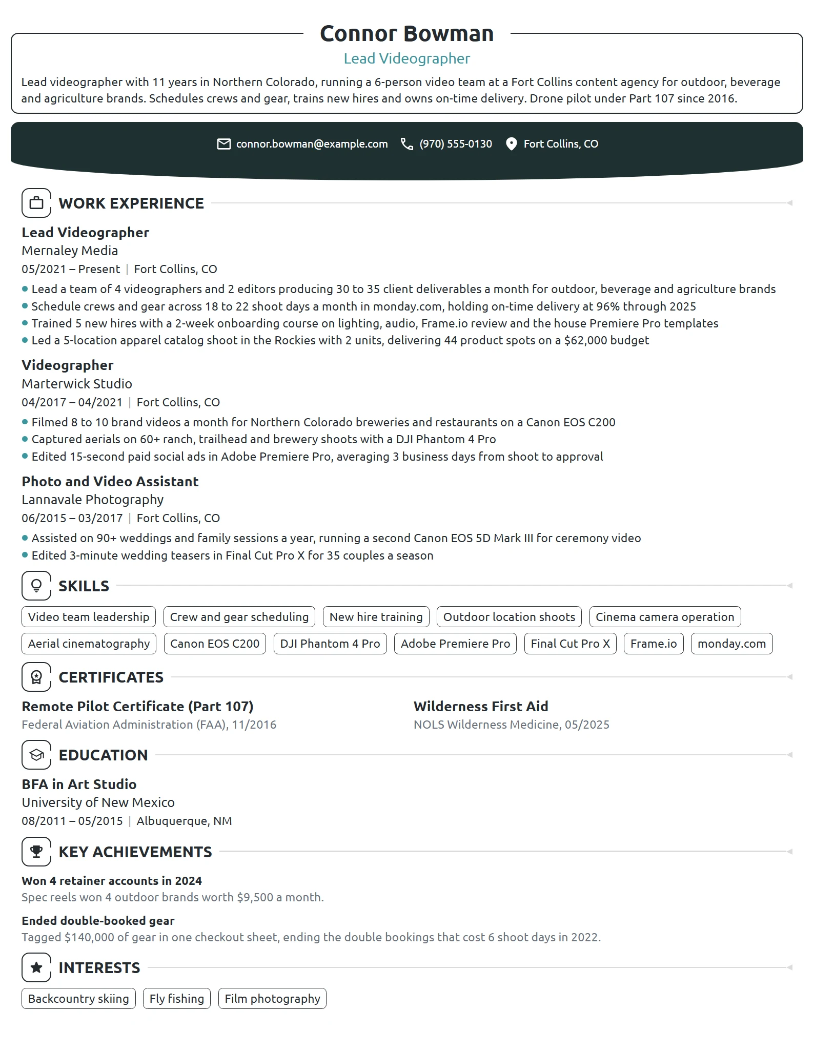 Lead Videographer resume example