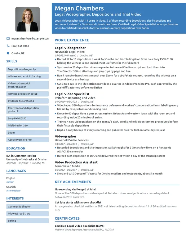 Legal Videographer resume example