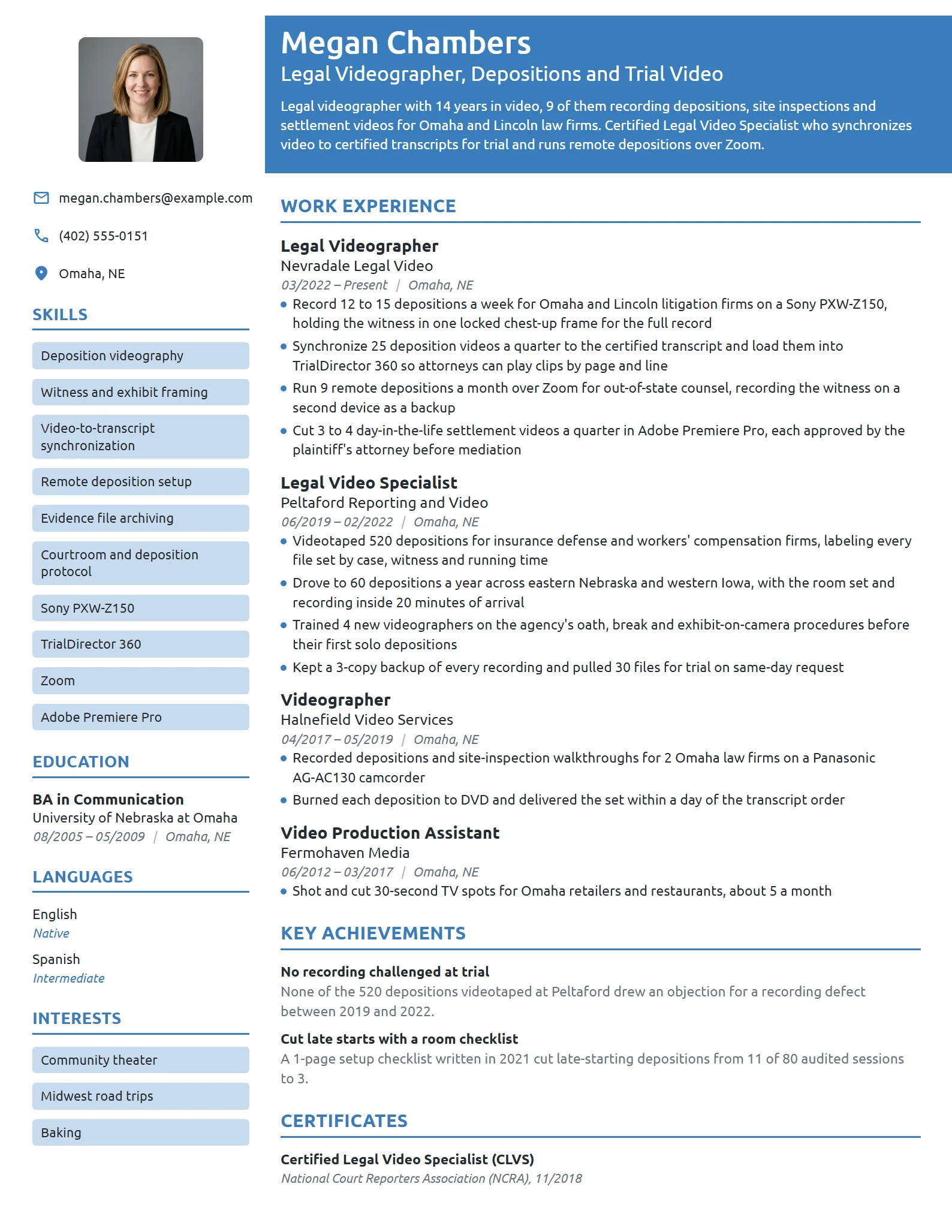 Legal Videographer resume example