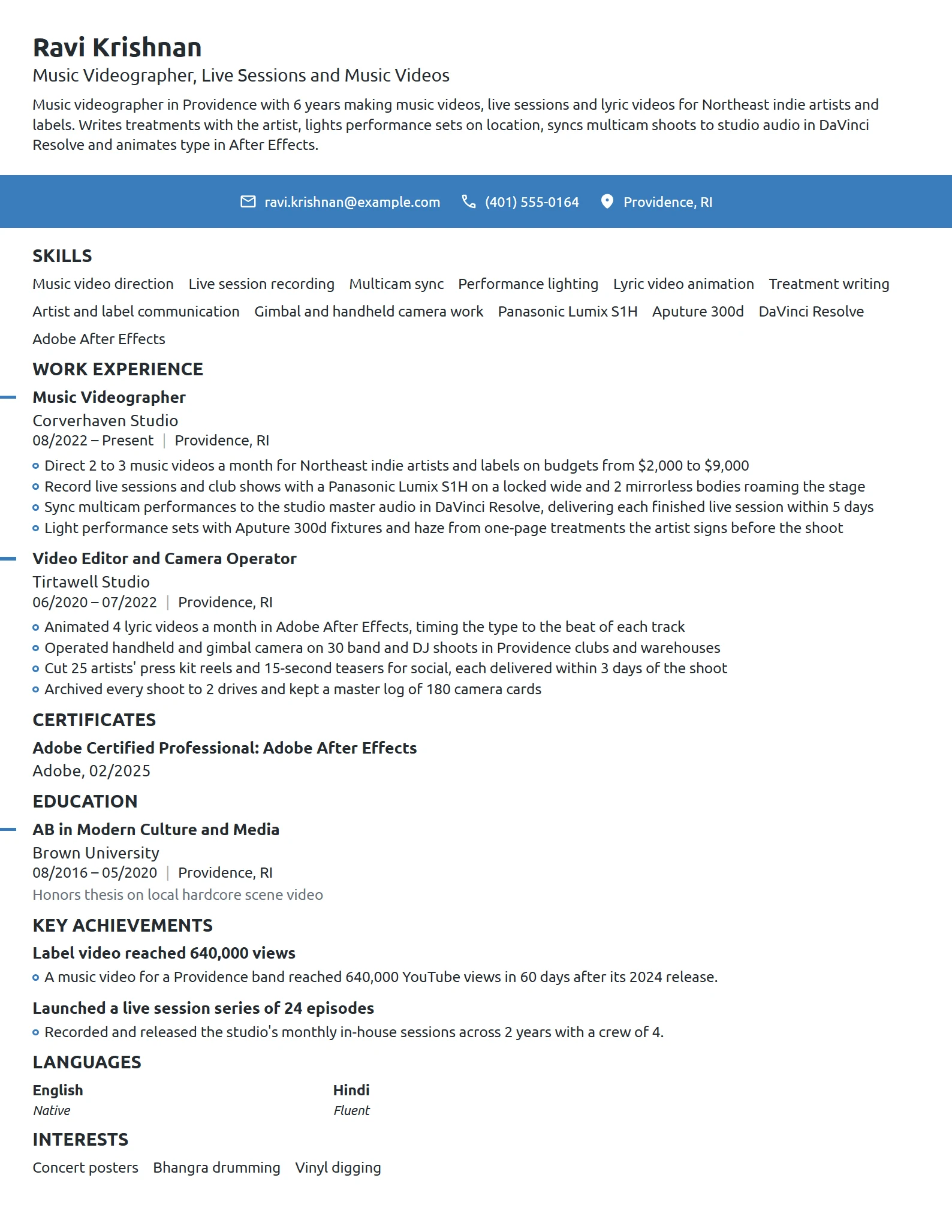 Music Videographer resume example