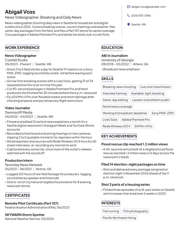 News Videographer resume example